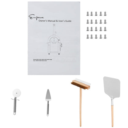 Included with your Empava Outdoor Wood Fired Pizza Oven with Side Table (EMPV-PG05) are screws, an owner’s manual, and four metal tools—a cutter, server, wooden-handled brush, and pizza peel—all neatly arranged on a white background.