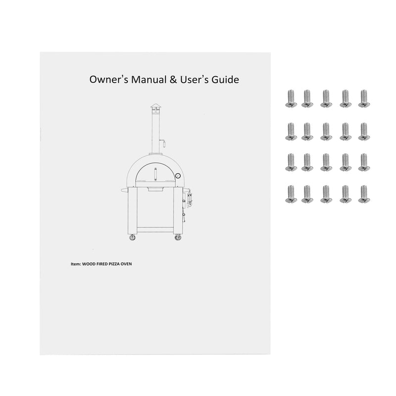 An owner’s manual for the Empava Outdoor Wood Fired Pizza Oven with Side Table (EMPV-PG05), featuring an illustration of the oven on the cover, sits beside twenty metal screws arranged in four neat rows.