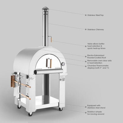 The Empava Silver Outdoor Wood Fired Pizza Oven (EMPV-PG01) by Empava features a stainless steel top and chimney, heat retention valve, chamber thermometer, removable door, storage shelf, utensil rack, and four wheels for easy mobility.
