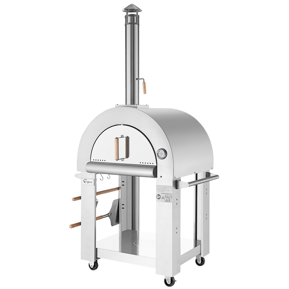 The Empava Silver Outdoor Wood Fired Pizza Oven EMPV-PG01 features stainless steel construction, wheels, a tall chimney, side handles, built-in thermometer, and hanging wooden-handled tools—perfect for backyard gatherings.