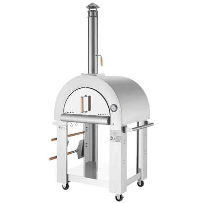 The Empava Silver Outdoor Wood Fired Pizza Oven EMPV-PG01 features stainless steel construction, wheels, a tall chimney, side handles, built-in thermometer, and hanging wooden-handled tools—perfect for backyard gatherings.