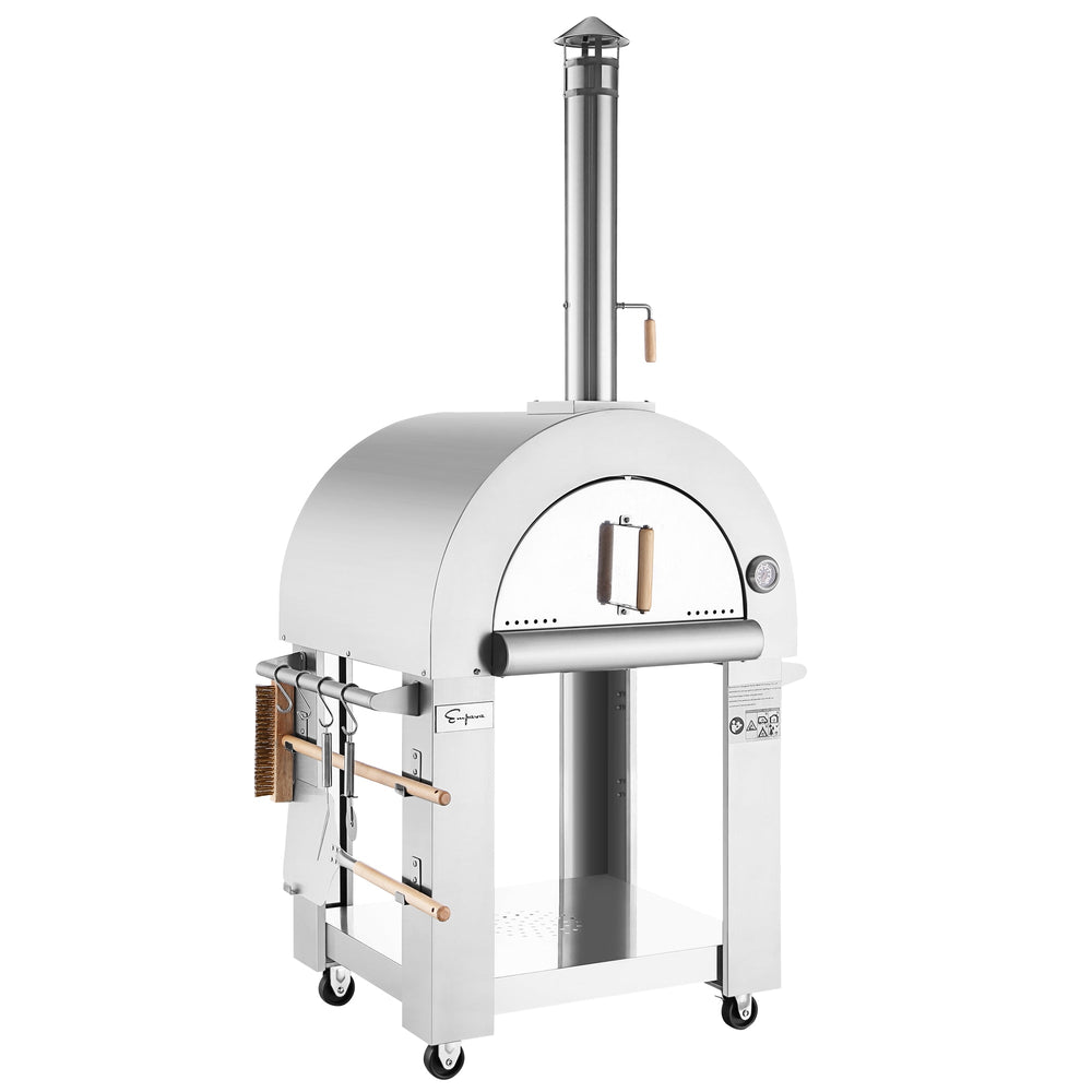 The Empava Silver Outdoor Wood Fired Pizza Oven EMPV-PG01 by Empava features a stainless steel build, chimney, temperature gauge, wooden-handled accessories on the side, and four wheels for easy mobility.