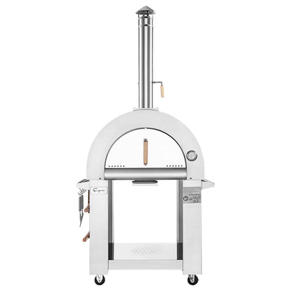 The Empava Silver Outdoor Wood Fired Pizza Oven EMPV-PG01, shown from the front, features a stainless steel build with a chimney, thermometer, side utensil hangers, storage shelf below, and four wheels for easy mobility.