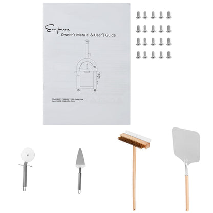 The Empava Silver Outdoor Wood Fired Pizza Oven EMPV-PG01 set includes an owner’s manual, 24 screws, pizza cutter, serving spatula, wooden-handled cleaning brush, and metal pizza peel—all displayed on a white background.