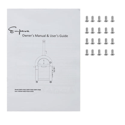 Owner’s manual and user’s guide for the Empava Silver Outdoor Wood Fired Pizza Oven EMPV-PG01 by Empava, featuring a cover diagram and shown beside 24 silver screws arranged in 4 rows of 6.