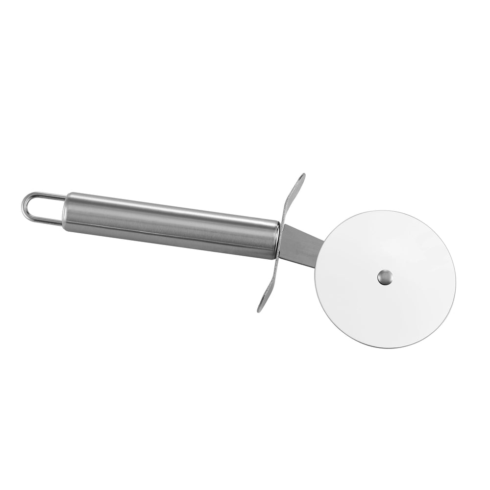 A stainless steel pizza cutter with a round, sharp blade and straight handle—ideal for slicing pizzas made in your Empava Silver Outdoor Wood Fired Pizza Oven EMPV-PG01 by Empava.