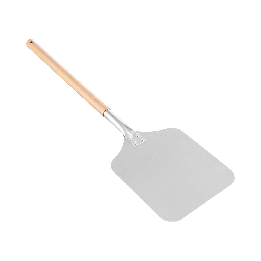 A metal pizza peel with a flat, rectangular aluminum blade and long wooden handle, perfect for placing and removing pizzas from the Empava Silver Outdoor Wood Fired Pizza Oven EMPV-PG01 by Empava or any wood-fired oven.