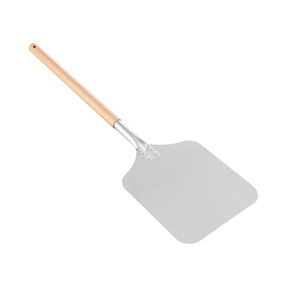 A metal pizza peel with a flat, rectangular aluminum blade and long wooden handle, perfect for placing and removing pizzas from the Empava Silver Outdoor Wood Fired Pizza Oven EMPV-PG01 by Empava or any wood-fired oven.