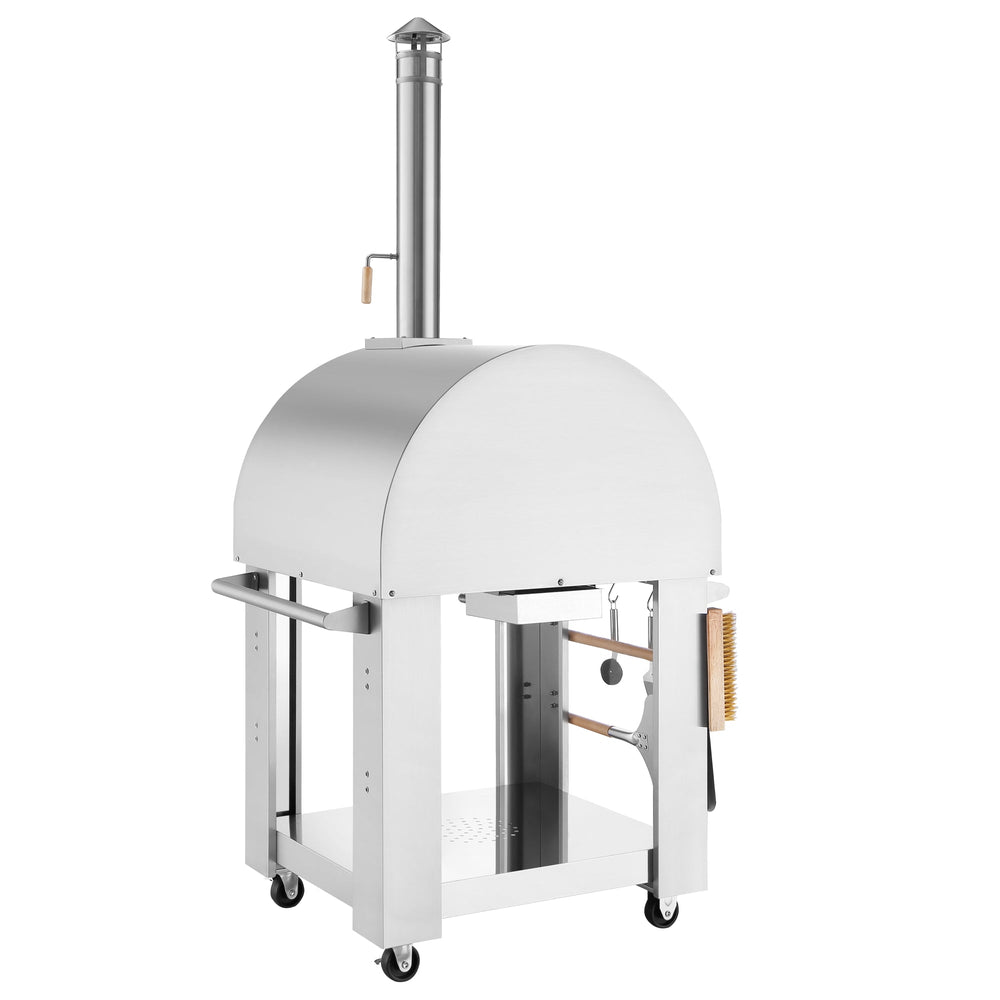 The Empava Silver Outdoor Wood Fired Pizza Oven EMPV-PG01 by Empava features stainless steel construction, wheels, a chimney, side handles, a hanging brush, and a lower storage shelf—perfect for outdoor cooking.