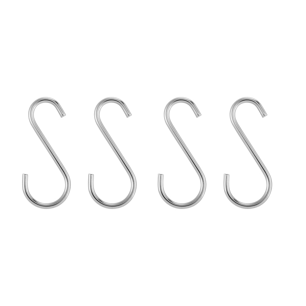 Four metal S-shaped hooks are arranged in a row on a white background, ideal for organizing tools next to your Empava Silver Outdoor Wood Fired Pizza Oven EMPV-PG01 by Empava.
