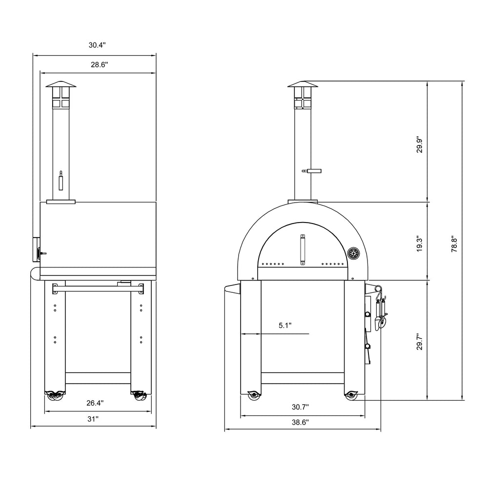 Line drawing of the Empava Silver Outdoor Wood Fired Pizza Oven EMPV-PG01, shown from side and front views with labeled dimensions. This Empava oven features a chimney, wheels, handle, control knob, and spacious cooking area.