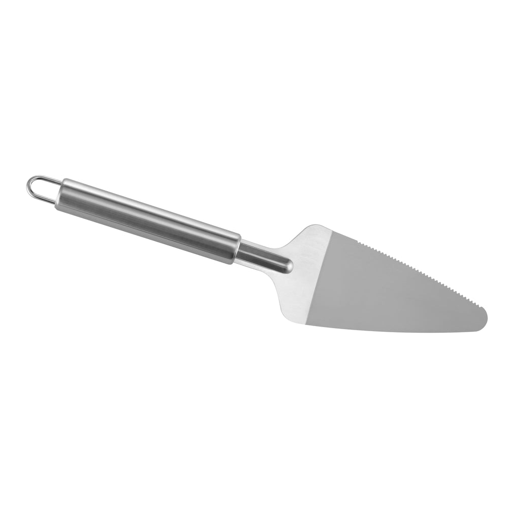 The Empava Silver Outdoor Wood Fired Pizza Oven EMPV-PG01 by Empava is ideal for baking pizzas or serving pie and cake slices outdoors, featuring a stainless steel pie server with a serrated edge and looped handle.