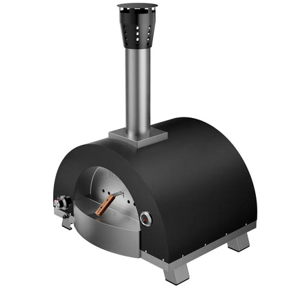 The Empava Wood Fired and Gas Fired (Dual Fuel) Pizza Oven by Empava features a black dome, tall silver chimney, built-in thermometer, front wooden-handled door, and stands on four sturdy metal legs.