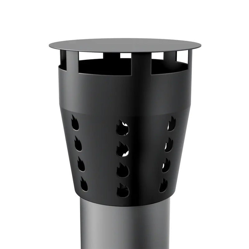 Empava chimney cap for the Empava Wood Fired and Gas Fired (Dual Fuel) Pizza Oven features a black metal cylindrical design with flame-shaped vent holes, enhancing smoke ventilation and airflow. Plain white background.