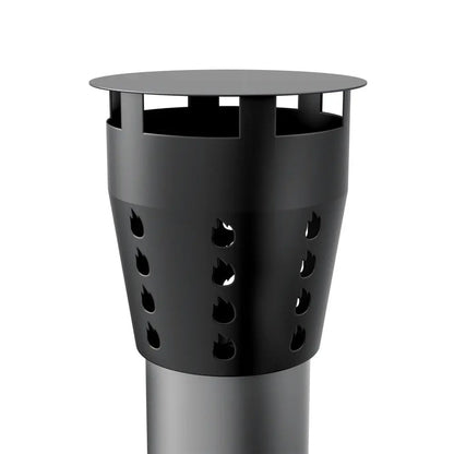 Empava chimney cap for the Empava Wood Fired and Gas Fired (Dual Fuel) Pizza Oven features a black metal cylindrical design with flame-shaped vent holes, enhancing smoke ventilation and airflow. Plain white background.