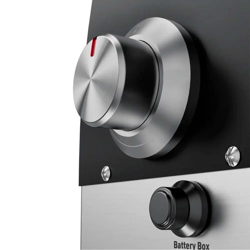 Close-up of a stainless steel control knob with a red indicator on the metallic panel of the Empava Wood Fired and Gas Fired (Dual Fuel) Pizza Oven by Empava, above a smaller black button labeled Battery Box.