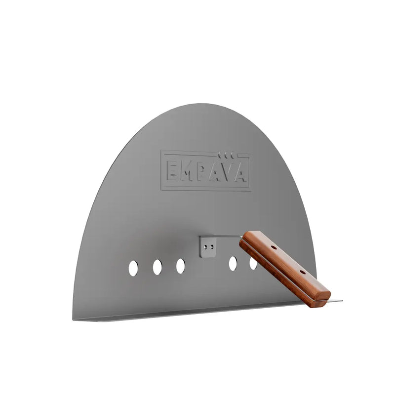 A semi-circular metal door with ventilation holes and a wood handle, engraved with the Empava brand—ideal for your Empava Wood Fired and Gas Fired (Dual Fuel) Pizza Oven.