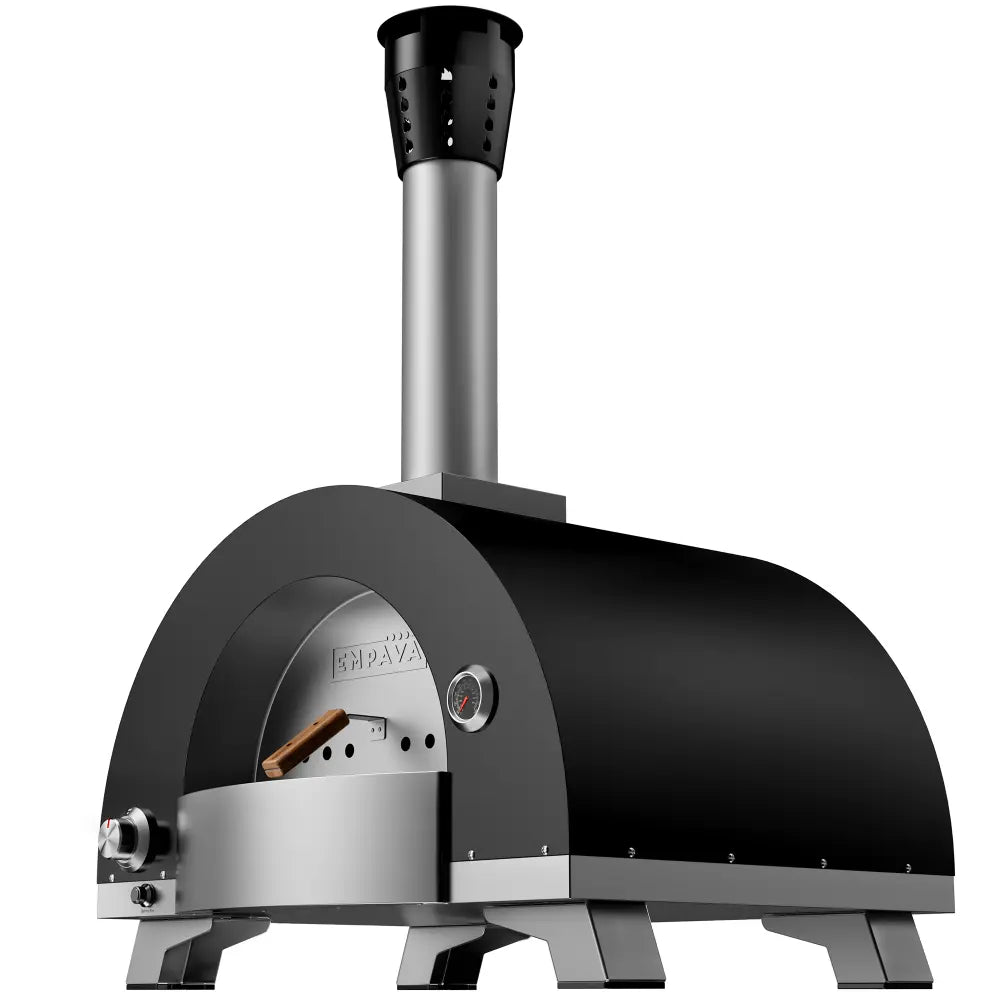 The Empava Wood Fired and Gas Fired (Dual Fuel) Pizza Oven by Empava features a sleek black and stainless steel design with chimney, thermometer, front door, and four sturdy legs—ideal for outdoor backyard gatherings.