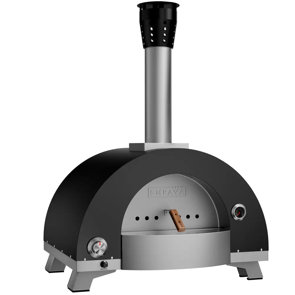 The Empava Wood Fired and Gas Fired Pizza Oven by Empava is a black and silver dual fuel outdoor oven with a curved top, chimney, two built-in temperature gauges, and four sturdy legs for authentic wood-fired cooking.