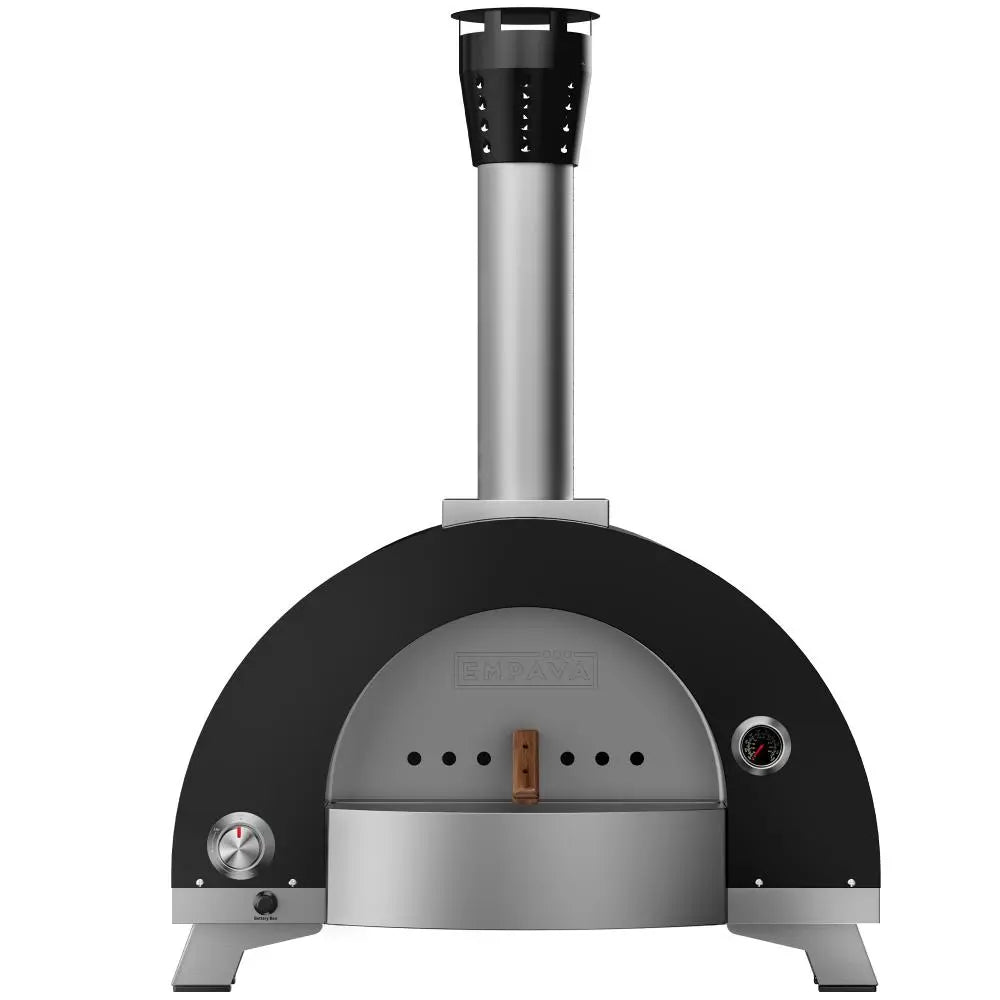 The Empava Wood Fired and Gas Fired (Dual Fuel) Pizza Oven by Empava features a black and silver finish, cylindrical chimney, built-in thermometer, and control knob, shown freestanding from the front.