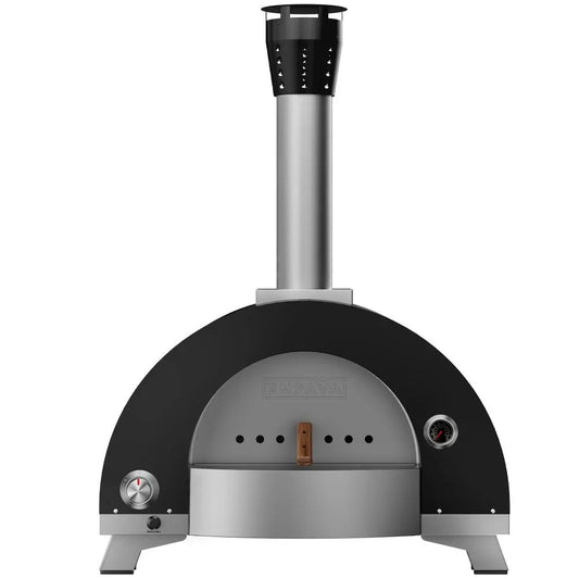 The Empava Wood Fired and Gas Fired (Dual Fuel) Pizza Oven by Empava features a black and silver finish, cylindrical chimney, built-in thermometer, and control knob, shown freestanding from the front.
