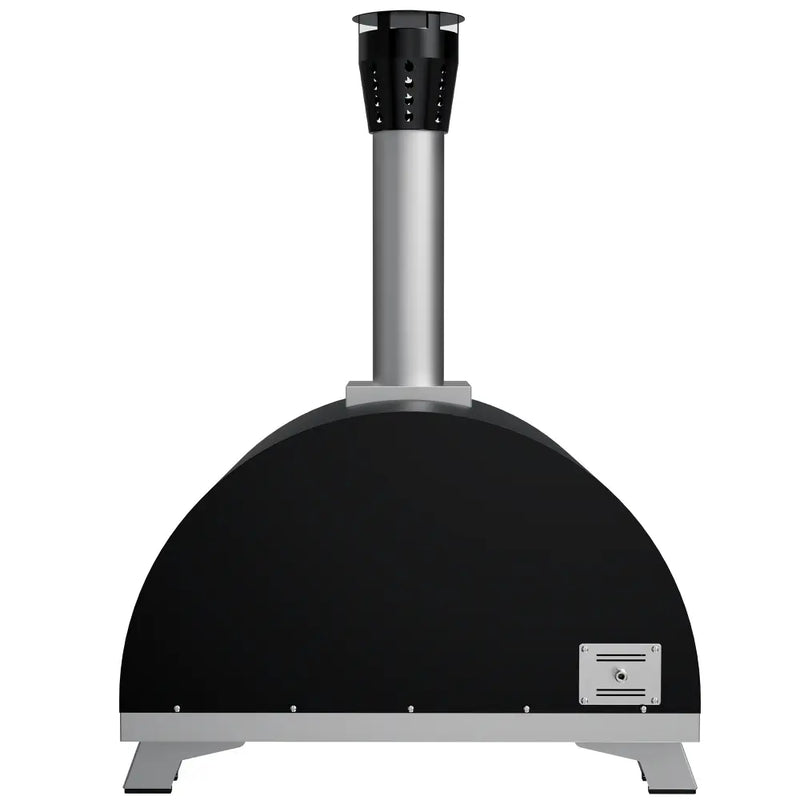 The Empava Wood Fired and Gas Fired (Dual Fuel) Pizza Oven by Empava features a black and silver finish, tall chimney, rounded top, and rectangular base, shown from the front against a white background.