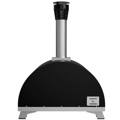 The Empava Wood Fired and Gas Fired (Dual Fuel) Pizza Oven by Empava features a black and silver finish, tall chimney, rounded top, and rectangular base, shown from the front against a white background.