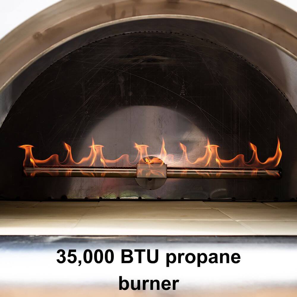A close-up of the 35,000 BTU propane burner inside the PINNACOLO IBRIDO Hybrid Wood/Gas Outdoor Pizza Oven by Fire One Up shows a row of flames dancing over the Cordierite surface, with 35,000 BTU propane burner text.