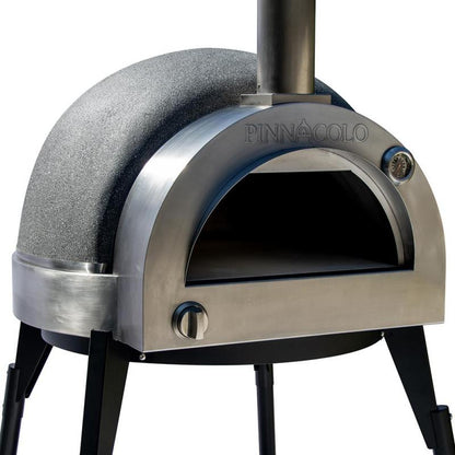 The Fire One Up PINNACOLO L’ARGILLA Gas Fired Outdoor Clay Pizza Oven PPO-8-08 features a rounded, textured top, temperature gauge, chimney, and four legs, with "PINNACOLO" engraved above the opening.