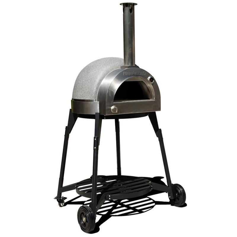 The Fire One Up PINNACOLO L’ARGILLA Gas Fired Outdoor Clay Pizza Oven with Accessories (PPO-8-08) features a stainless steel domed top, chimney, black wheeled stand, and an open front for easy cooking.