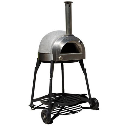 The Fire One Up PINNACOLO L’ARGILLA Gas Fired Outdoor Clay Pizza Oven with Accessories (PPO-8-08) features a stainless steel domed top, chimney, black wheeled stand, and an open front for easy cooking.