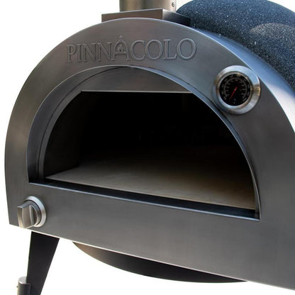 Close-up of the Fire One Up PINNACOLO L’ARGILLA Gas Fired Outdoor Clay Pizza Oven PPO-8-08, featuring a round opening, built-in thermometer, sturdy legs, and accessories—perfect for backyard cooking.