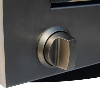 Close-up of a metallic door with a modern brushed nickel deadbolt lock and thumb turn—perfect security for rooms storing the Fire One Up PINNACOLO L’ARGILLA Gas Fired Outdoor Clay Pizza Oven with Accessories (PPO-8-08).