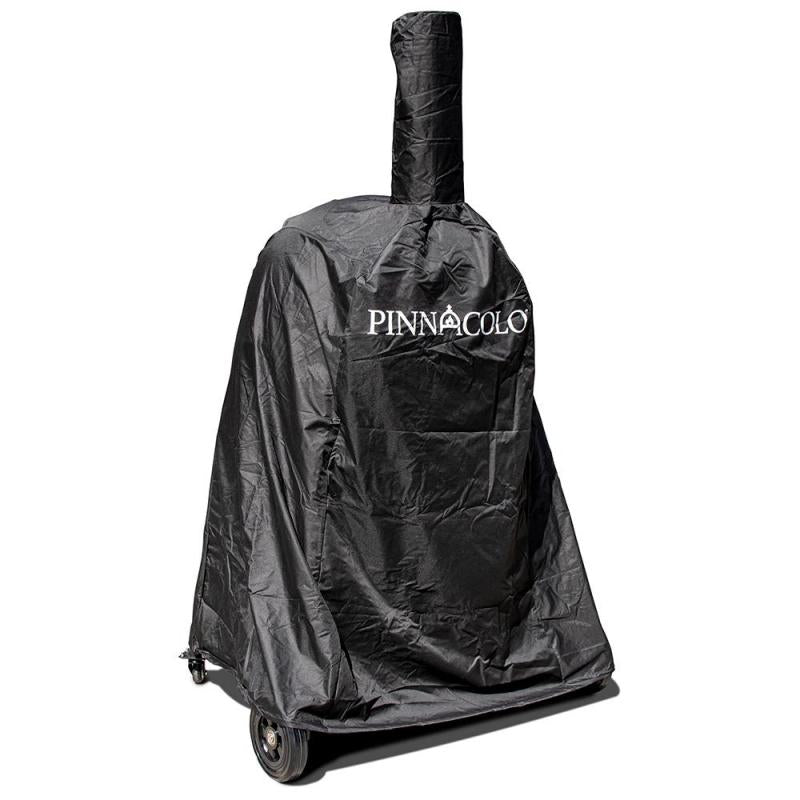 A black Fire One Up PINNACOLO L’ARGILLA Gas Fired Outdoor Clay Pizza Oven with Accessories PPO-8-08 is shown with a fitted cover, tall chimney, and two wheels at the base.