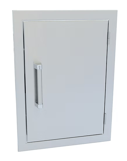 The Kokomo Grills 14” x 20” Reversible Stainless Steel Access Door (Vertical) KO-1420V features a rectangular frame, left-side vertical handle, and right-side hinges, shown against a white background.