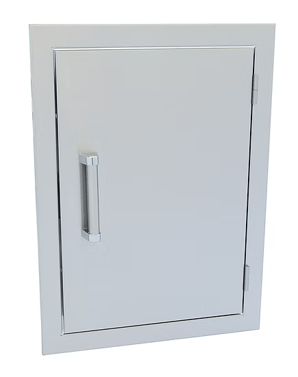 The Kokomo Grills 17” x 24” Reversible Stainless Steel Access Door (Vertical) KO-1724V is a wall-mounted, rectangular door with a sleek finish, visible handle, and reversible hinges for your outdoor kitchen.