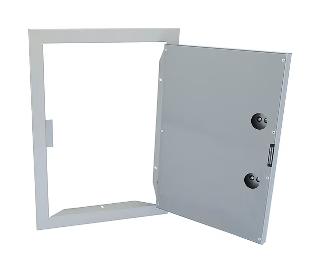 The Kokomo Grills 17” x 24” Reversible Stainless Steel Access Door (Vertical) KO-1724V features a hinged panel with two round locks, partially open to reveal the frame and inner compartment; finished in stainless steel.