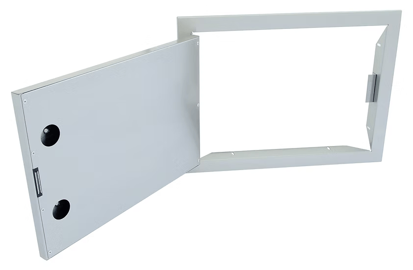 The Kokomo Grills 20” x 14” Reversible Stainless Steel Access Door (Horizontal) KO-1420H features a light gray panel, hinged design with latch, and two circular cutouts—ideal as an outdoor kitchen access door.