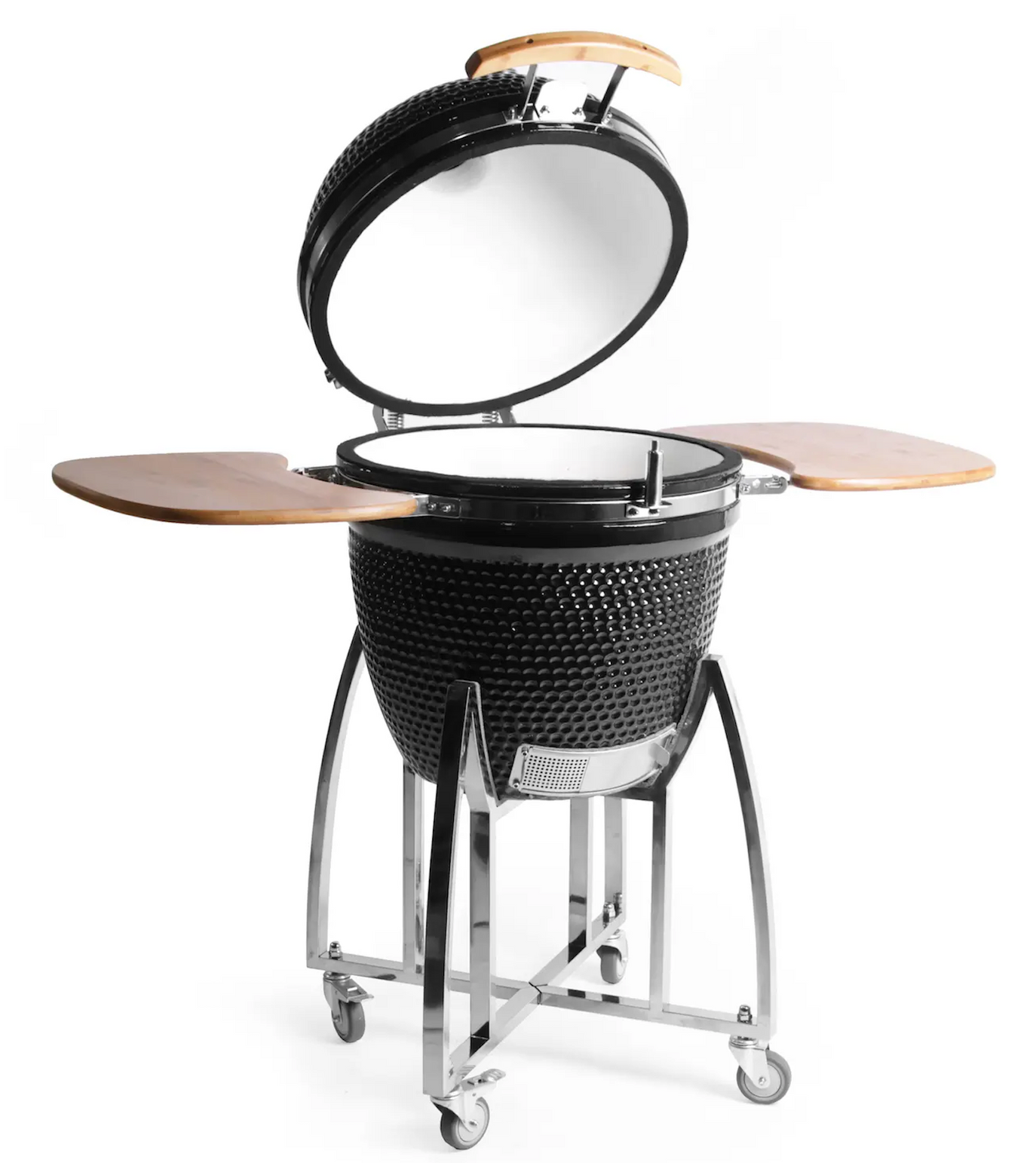 The Kokomo Grills 21-Inch Kamado Ceramic BBQ Grill (KO-21-KAMADO) by Kokomo Grills features a black ceramic dome lid, metal wheeled stand, fold-out wooden side shelves, and a stainless steel lower frame—ideal for charcoal grilling.