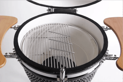 Top view of the Kokomo Grills 21-Inch Kamado Ceramic BBQ Grill KO-21-KAMADO, featuring a white interior, metal cooking grate, and wooden side shelves—ideal for Kamado grill enthusiasts and charcoal cooking.