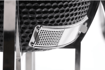 Close-up of the Kokomo Grills 21-Inch Kamado Ceramic BBQ Grill KO-21-KAMADO, featuring a black textured finish and metal vent on sturdy legs—ideal for charcoal grilling.