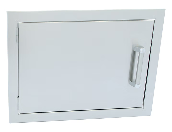 The Kokomo Grills 24” x 17” Reversible Stainless Steel Access Door (Horizontal) KO-1724H, designed for outdoor kitchen storage, features a large handle and is shown against a white background.