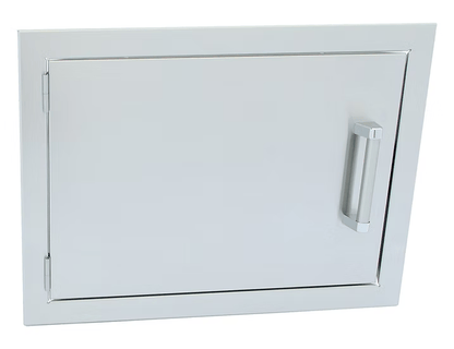 The Kokomo Grills 24” x 17” Reversible Stainless Steel Access Door (Horizontal) KO-1724H, designed for outdoor kitchen storage, features a large handle and is shown against a white background.