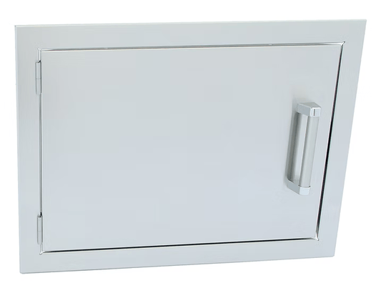 The Kokomo Grills 24” x 17” Reversible Stainless Steel Access Door (Horizontal) KO-1724H, designed for outdoor kitchen storage, features a large handle and is shown against a white background.