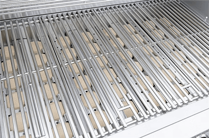 Close-up of a clean, empty stainless steel grate on the Kokomo Grills 26-Inch Built-In Gas Grill (3 Burner), highlighting the bars and ceramic bricks beneath for heat distribution in your outdoor kitchen setup.