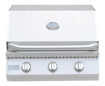 The Kokomo Grills 26-Inch Built-In Gas Grill features three burners, a stainless steel build, closed lid, built-in thermometer, and front control knobs—ideal as a sleek addition to any outdoor kitchen.