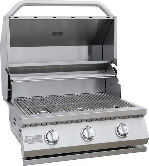 The Kokomo Grills 26-Inch Built-In Gas Grill features three burners, metal grates, an open lid, and control knobs—ideal for upgrading your outdoor kitchen.
