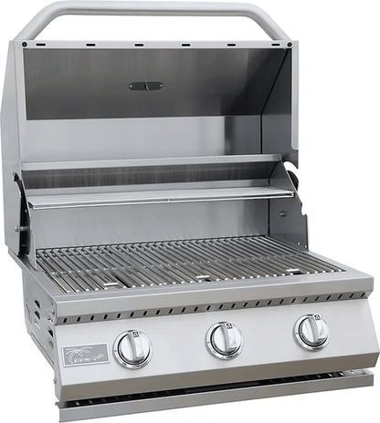 The Kokomo Grills 26-Inch Built-In Gas Grill features three burners, metal grates, an open lid, and control knobs—ideal for upgrading your outdoor kitchen.