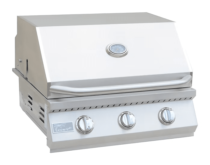 The Kokomo Grills 26-Inch Built-In Gas Grill (3 Burner) features stainless steel construction, a closed lid with built-in thermometer, and three front control knobs—ideal for your outdoor kitchen setup.