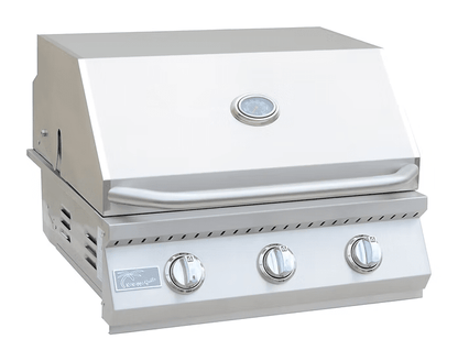 The Kokomo Grills 26-Inch Built-In Gas Grill (3 Burner) features stainless steel construction, a closed lid with built-in thermometer, and three front control knobs—ideal for your outdoor kitchen setup.